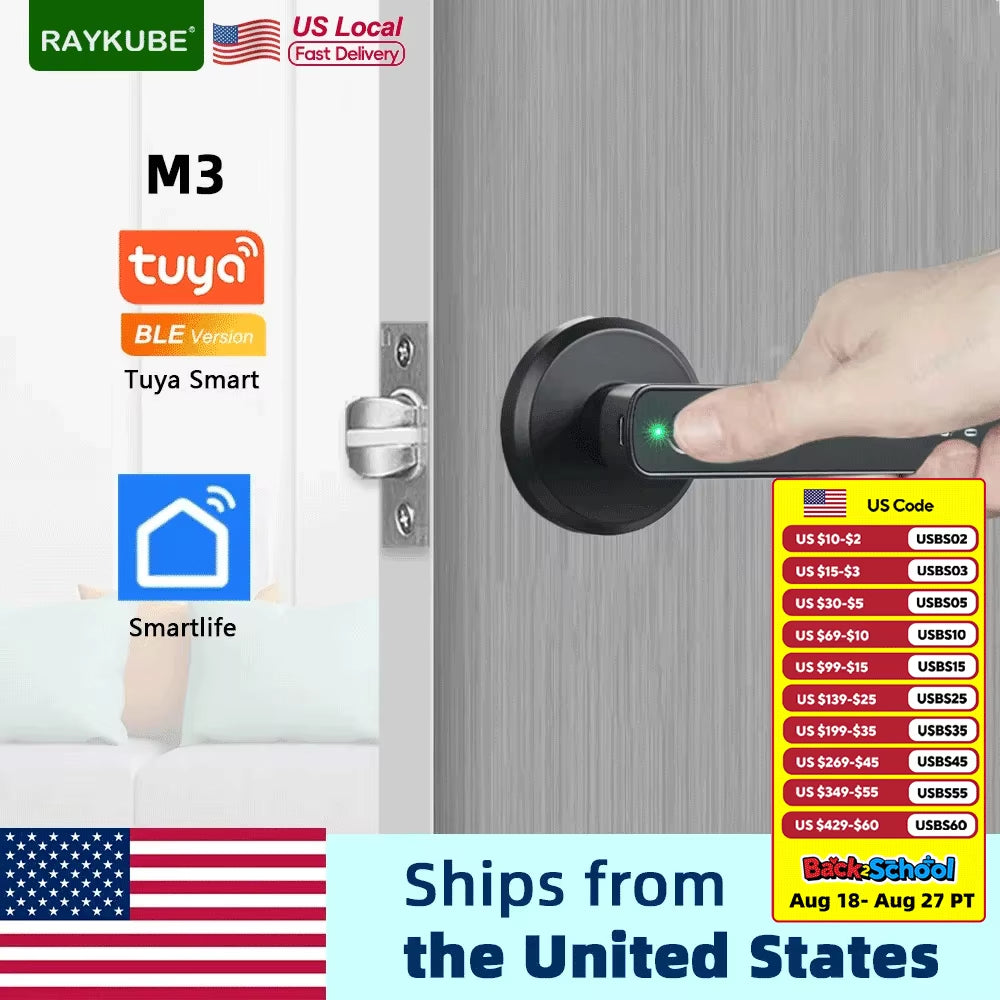 M3 Tuya BLE Smart Fingerprint Electronic Door Lock Password Lock with Keys Smartlife/Tuya APP Unlock Delivery from USA