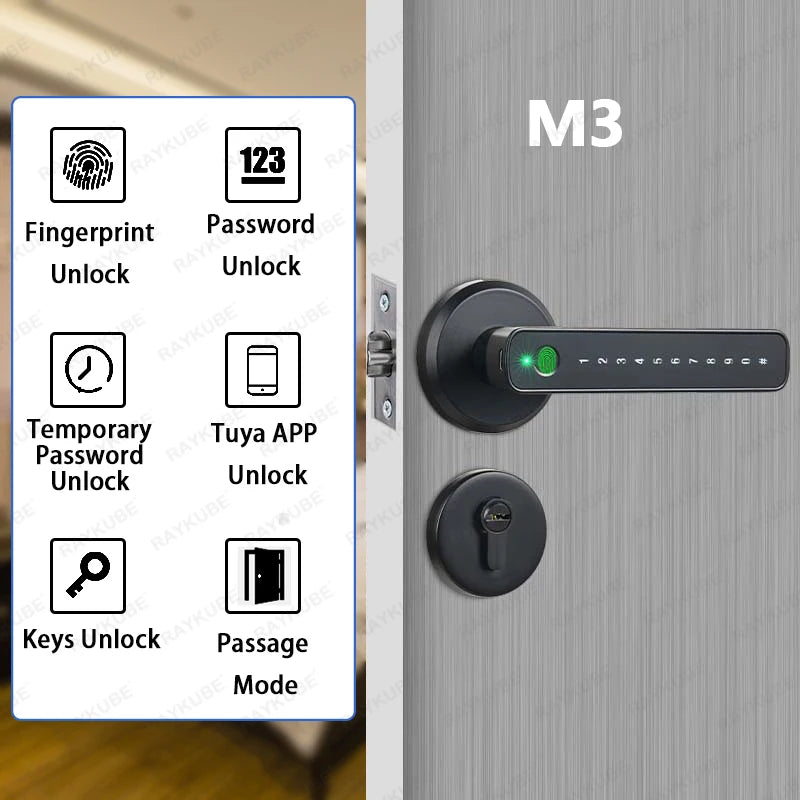 M3 Tuya BLE Smart Fingerprint Electronic Door Lock Password Lock with Keys Smartlife/Tuya APP Unlock Delivery from USA
